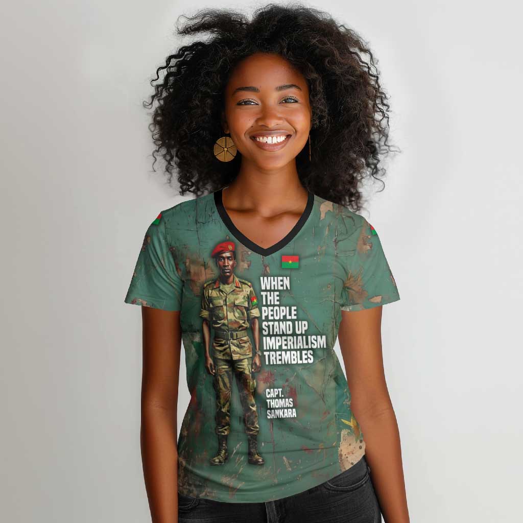 Burkina Faso Thomas Sankara Women V-Neck T-Shirt with Military Stance and Anti-Imperialist Quote Tribute Design - Wonder Print Shop