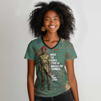 Burkina Faso Thomas Sankara Women V-Neck T-Shirt with Military Stance and Anti-Imperialist Quote Tribute Design - Wonder Print Shop