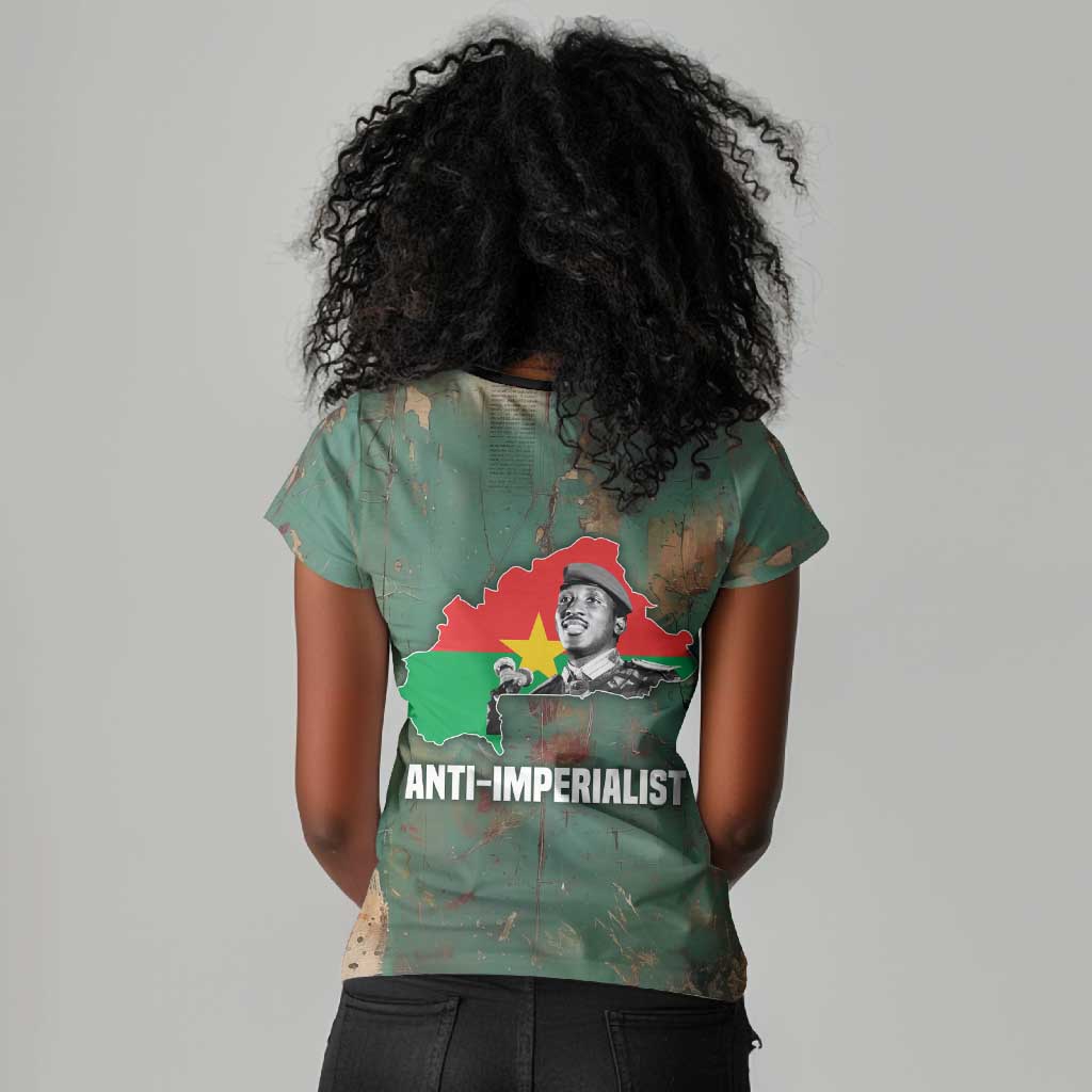 Burkina Faso Thomas Sankara Women V-Neck T-Shirt with Military Stance and Anti-Imperialist Quote Tribute Design - Wonder Print Shop
