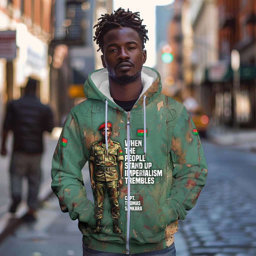 Burkina Faso Thomas Sankara Zip Hoodie with Military Stance and Anti-Imperialist Quote Tribute Design - Wonder Print Shop