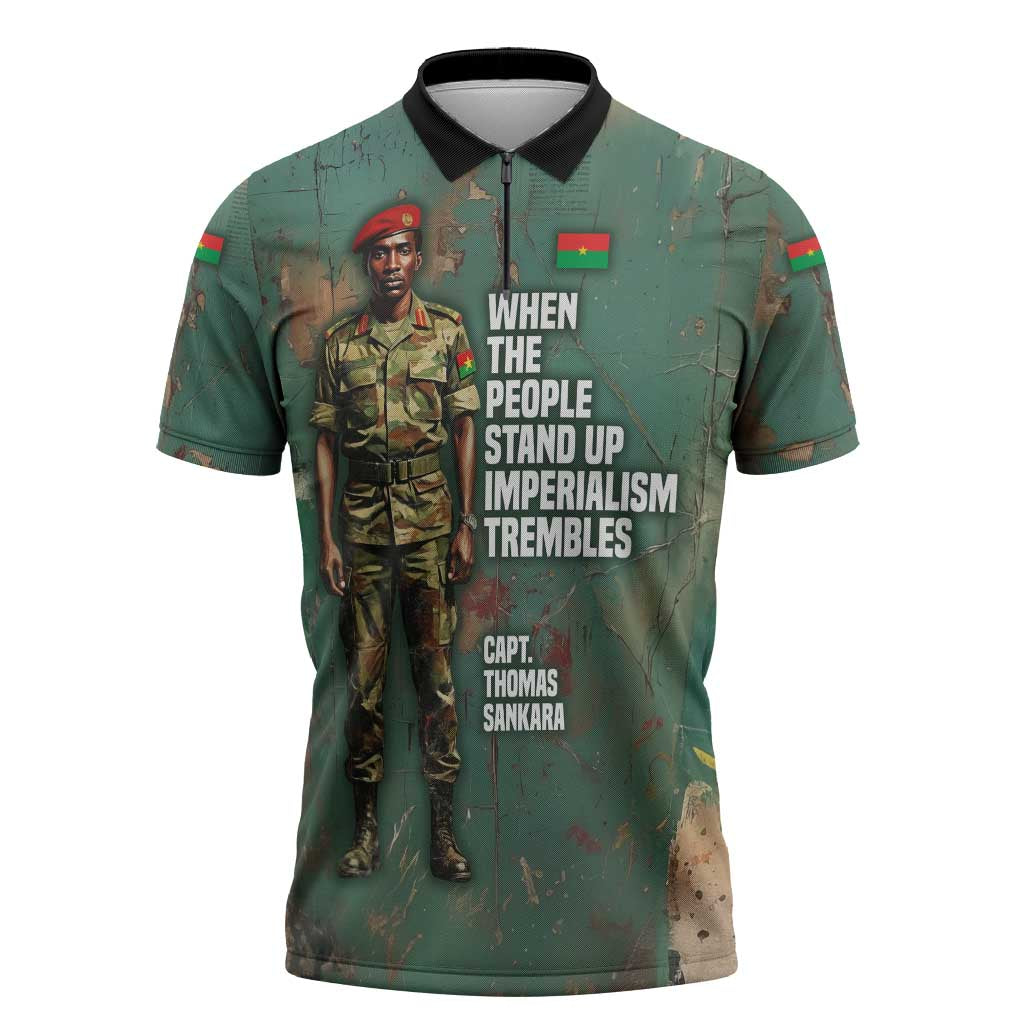 Burkina Faso Thomas Sankara Zipper Polo Shirt with Military Stance and Anti-Imperialist Quote Tribute Design - Wonder Print Shop