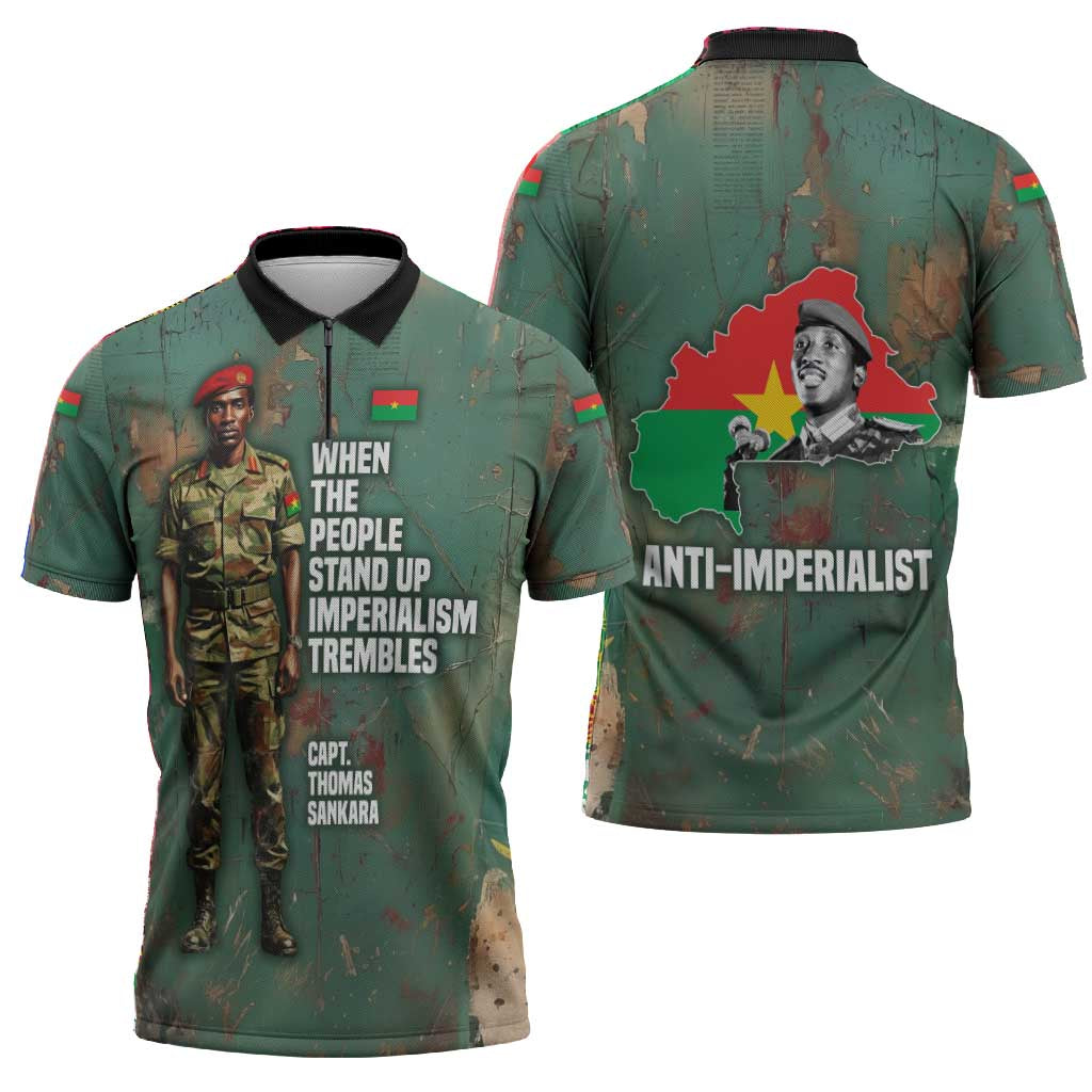 Burkina Faso Thomas Sankara Zipper Polo Shirt with Military Stance and Anti-Imperialist Quote Tribute Design - Wonder Print Shop
