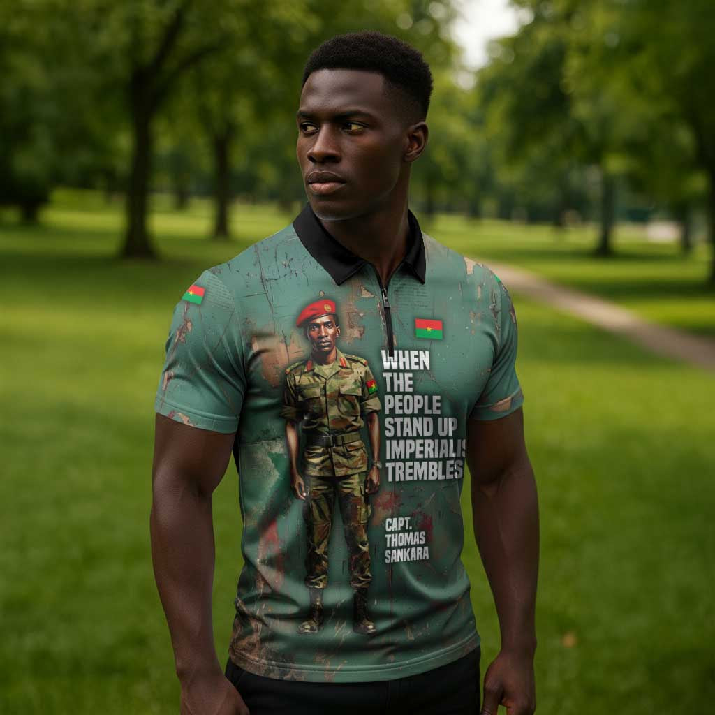 Burkina Faso Thomas Sankara Zipper Polo Shirt with Military Stance and Anti-Imperialist Quote Tribute Design - Wonder Print Shop