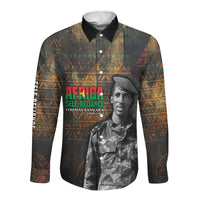 Thomas Sankara Long Sleeve Button Shirt Burkina Faso Africa Self-Reliance Message and Military Portrait - Wonder Print Shop