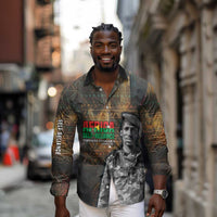 Thomas Sankara Long Sleeve Button Shirt Burkina Faso Africa Self-Reliance Message and Military Portrait - Wonder Print Shop