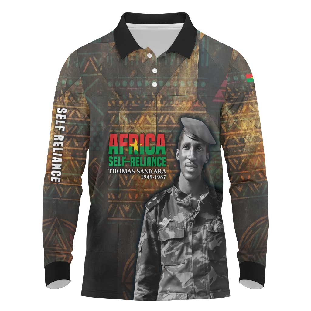 Thomas Sankara Long Sleeve Polo Shirt Burkina Faso Africa Self-Reliance Message and Military Portrait - Wonder Print Shop
