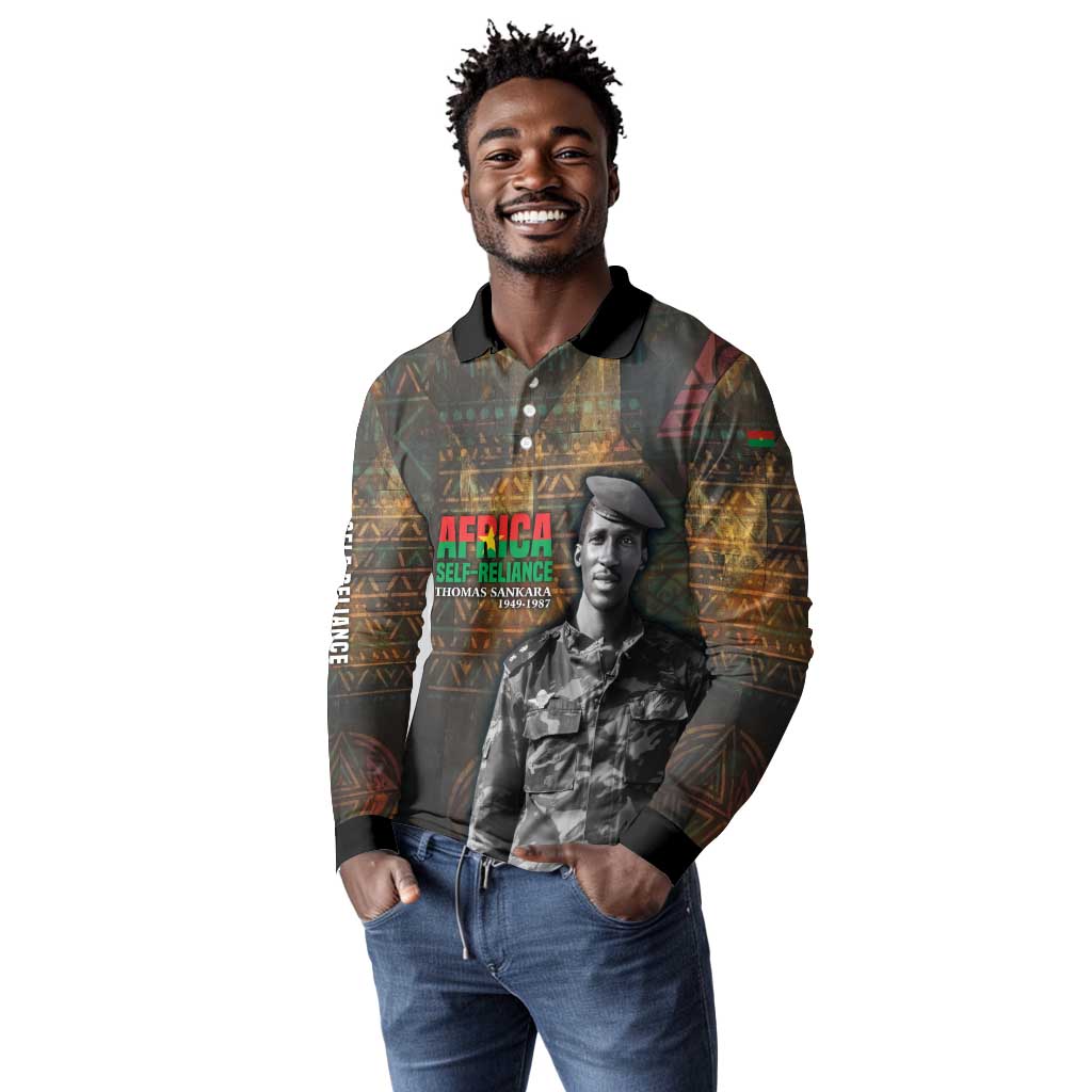 Thomas Sankara Long Sleeve Polo Shirt Burkina Faso Africa Self-Reliance Message and Military Portrait - Wonder Print Shop