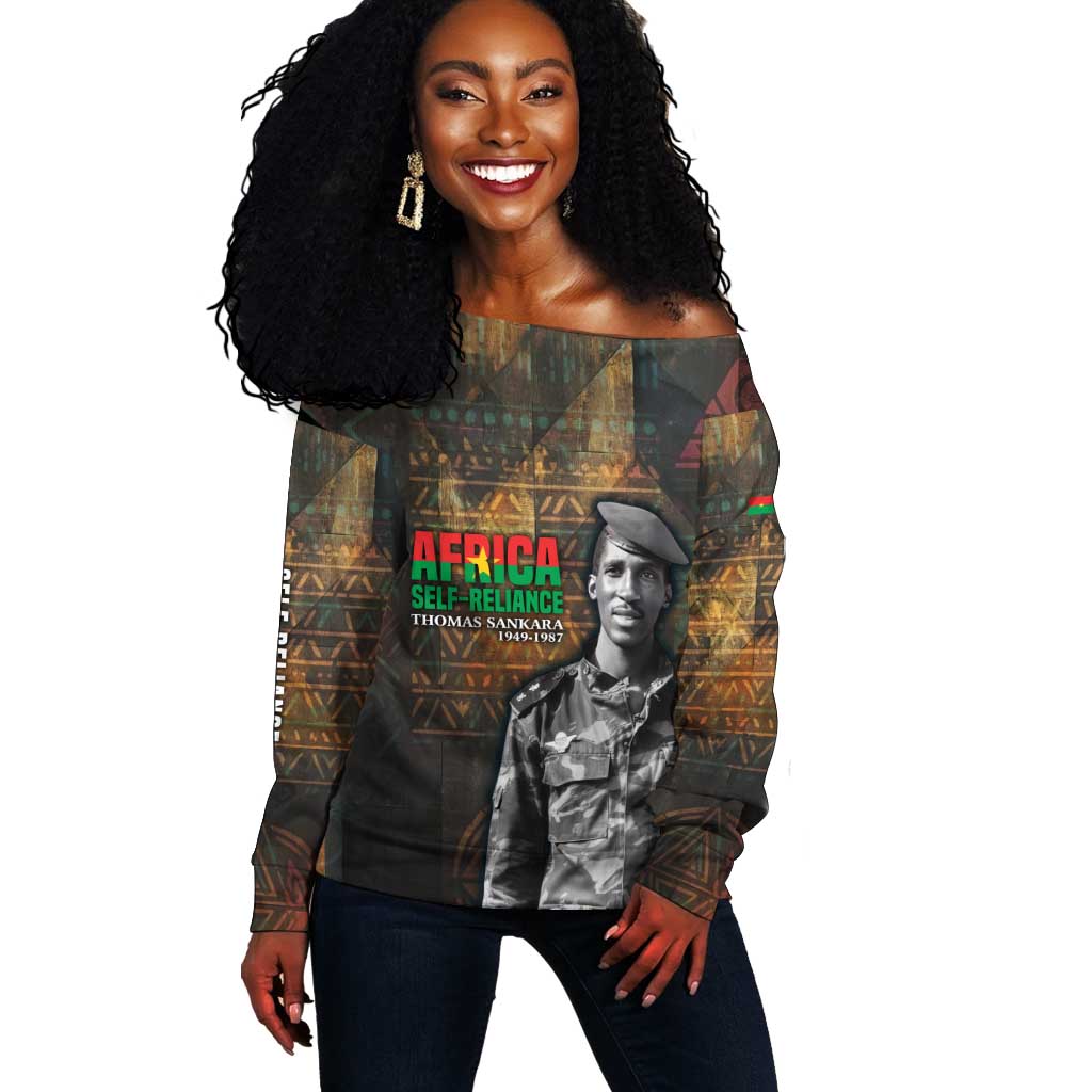 Thomas Sankara Off Shoulder Sweater Burkina Faso Africa Self-Reliance Message and Military Portrait - Wonder Print Shop