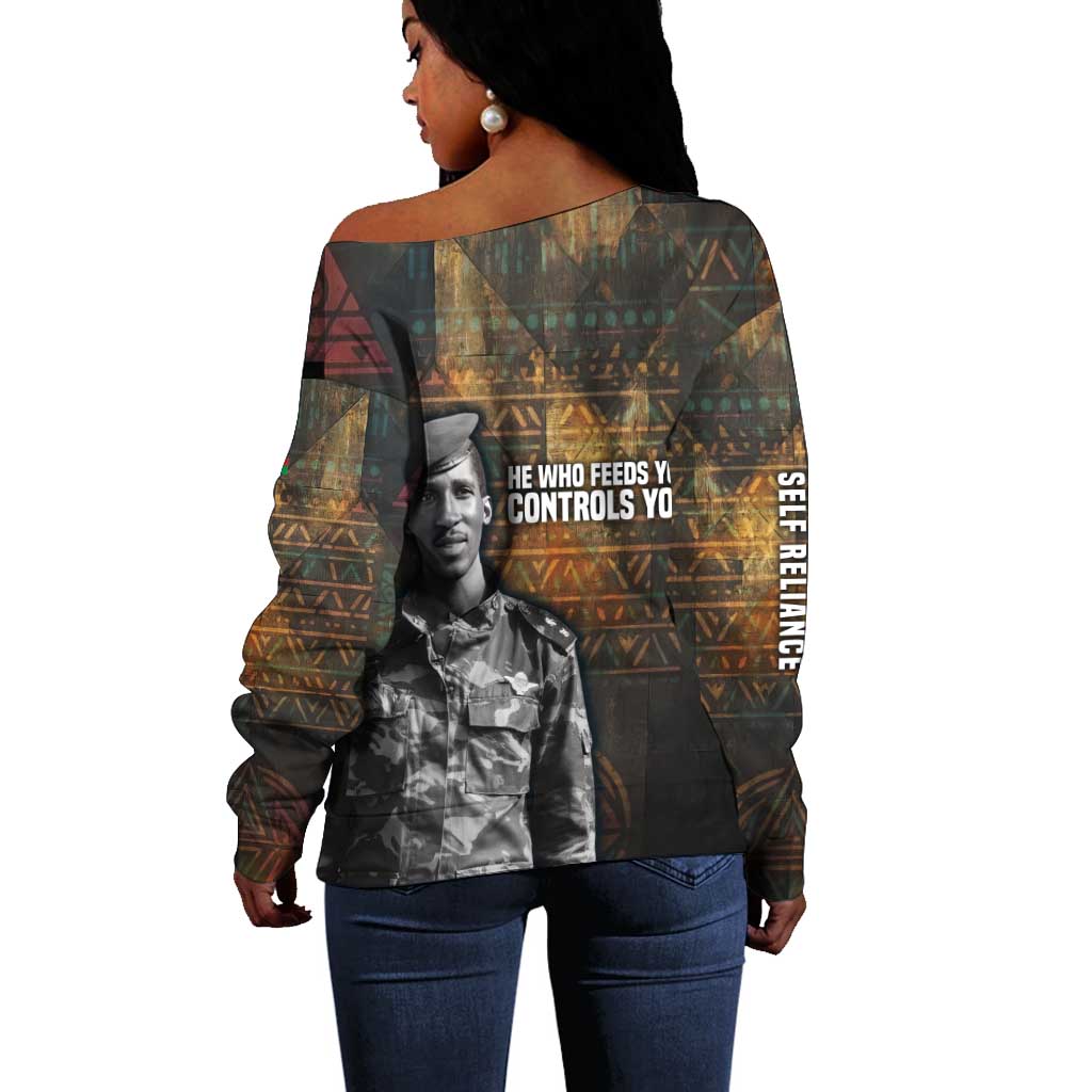 Thomas Sankara Off Shoulder Sweater Burkina Faso Africa Self-Reliance Message and Military Portrait - Wonder Print Shop
