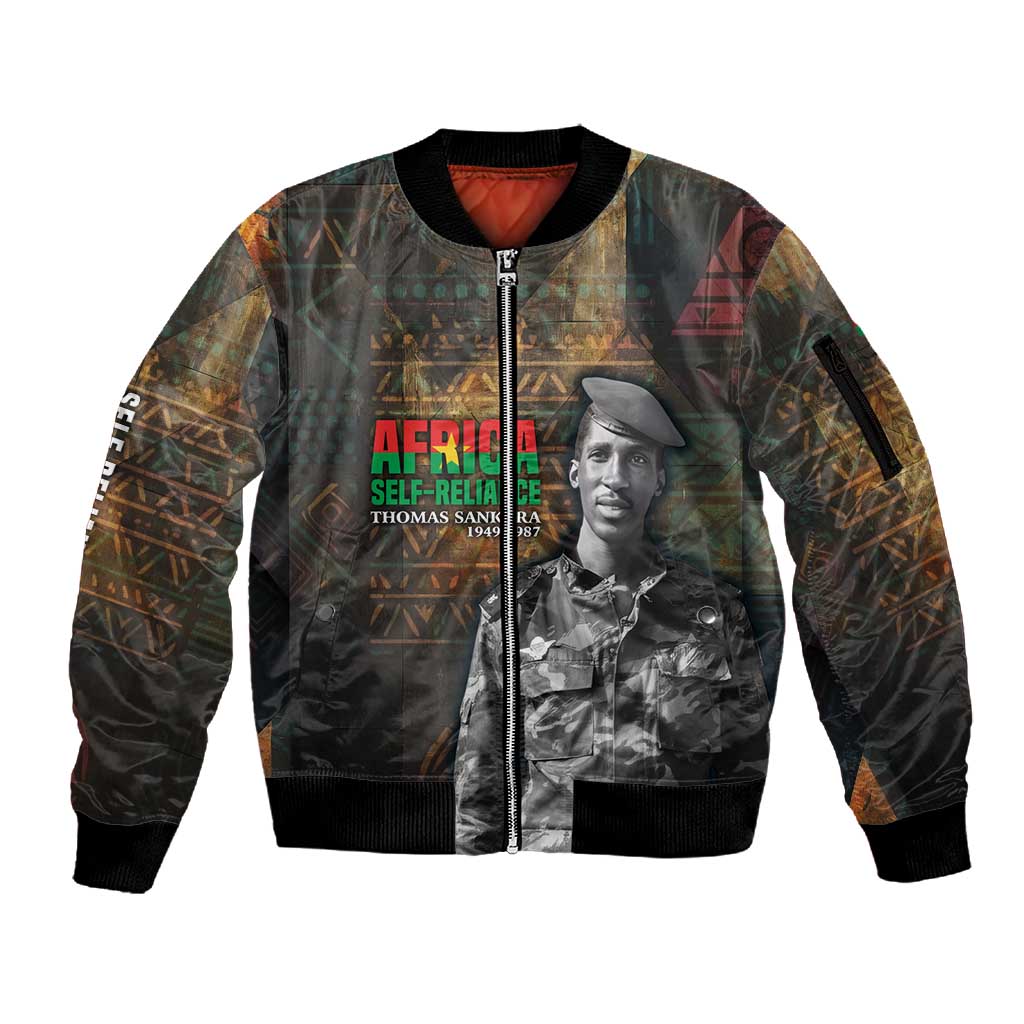 Thomas Sankara Sleeve Zip Bomber Jacket Burkina Faso Africa Self-Reliance Message and Military Portrait - Wonder Print Shop