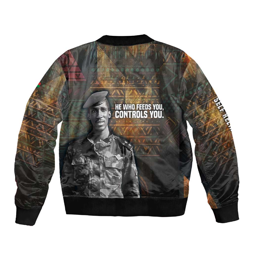 Thomas Sankara Sleeve Zip Bomber Jacket Burkina Faso Africa Self-Reliance Message and Military Portrait - Wonder Print Shop