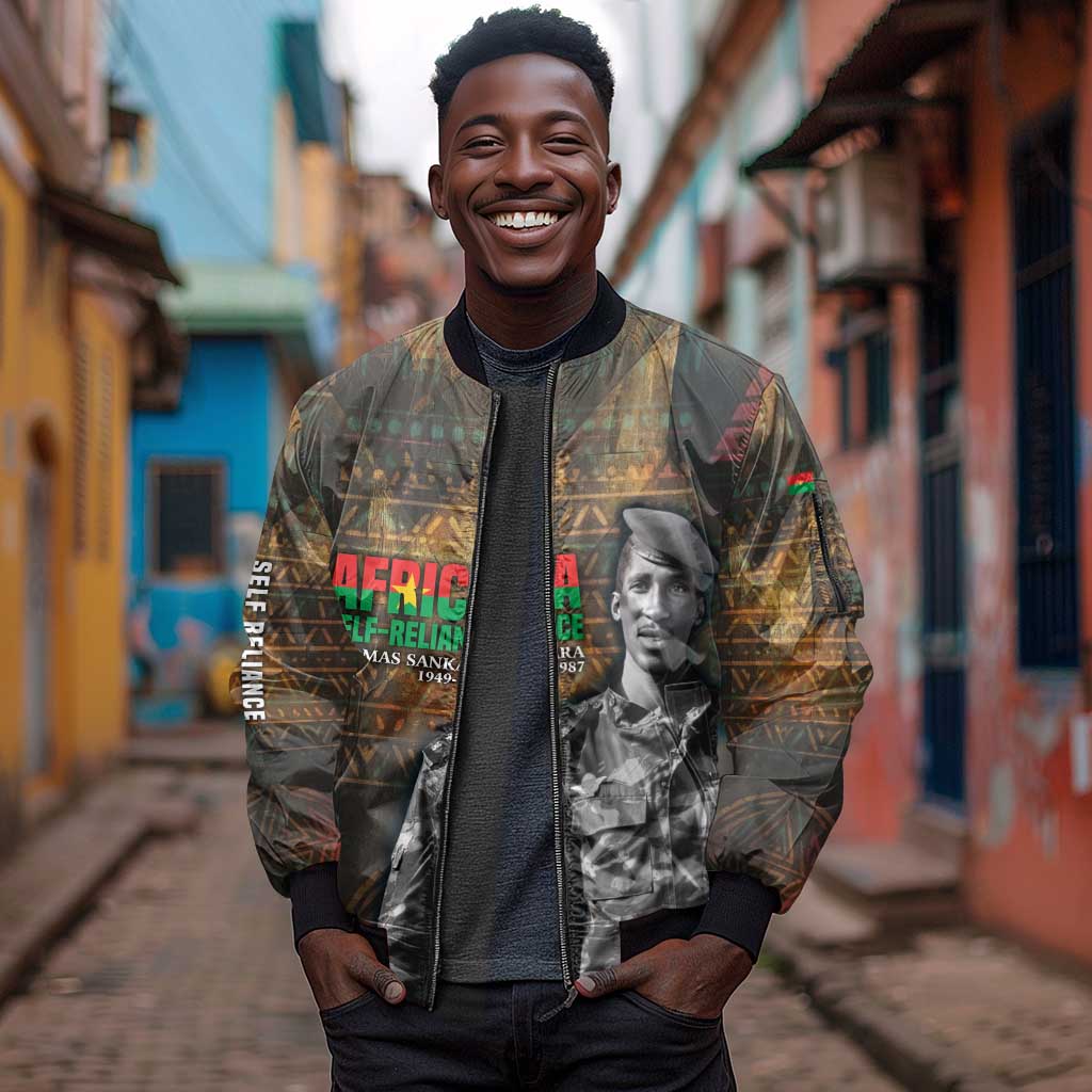 Thomas Sankara Sleeve Zip Bomber Jacket Burkina Faso Africa Self-Reliance Message and Military Portrait - Wonder Print Shop