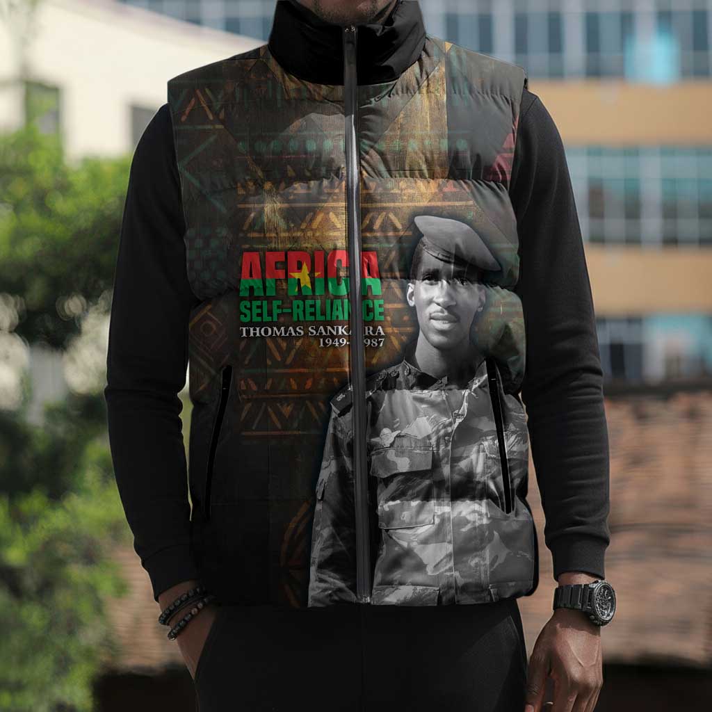 Thomas Sankara Sleeveless Puffer Jacket Burkina Faso Africa Self-Reliance Message and Military Portrait - Wonder Print Shop