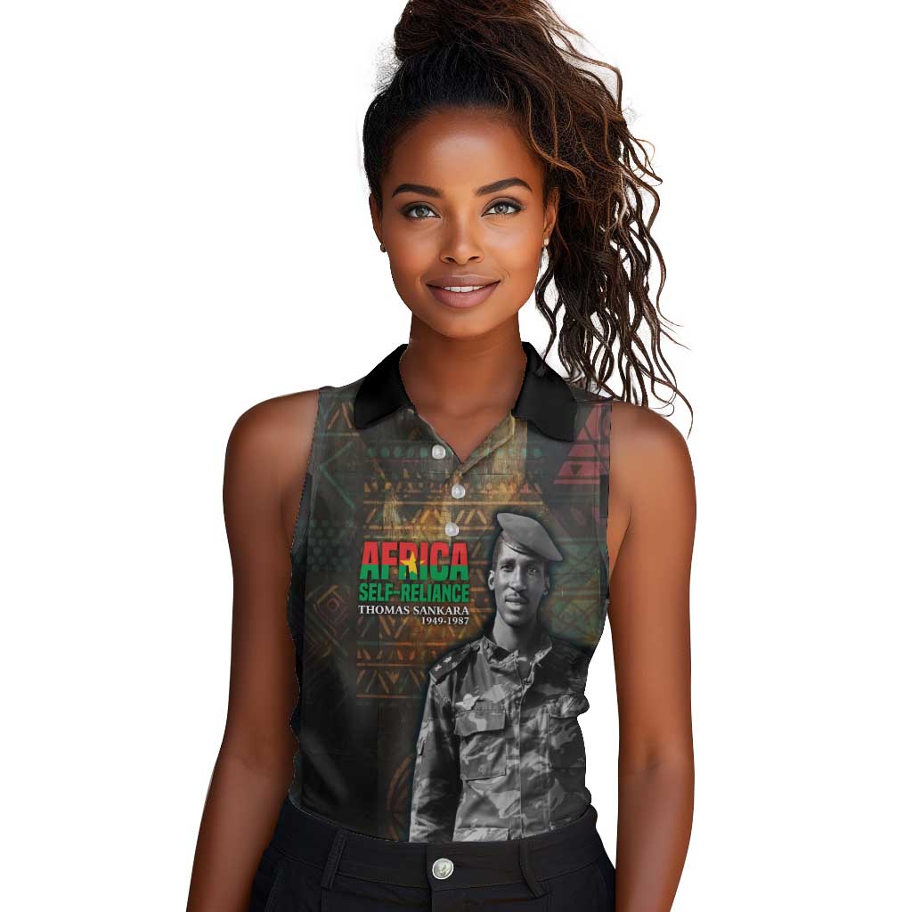 Thomas Sankara Women Sleeveless Polo Shirt Burkina Faso Africa Self-Reliance Message and Military Portrait - Wonder Print Shop