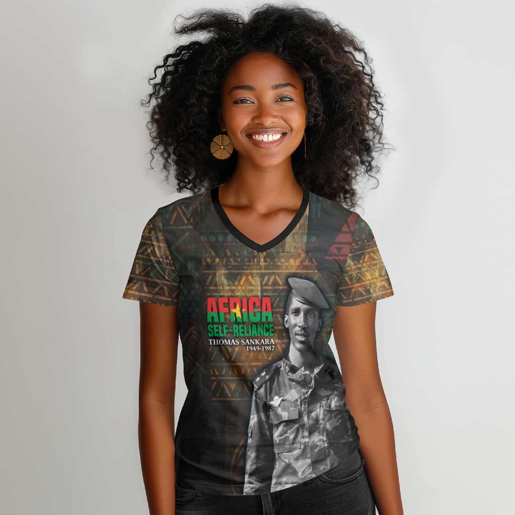 Thomas Sankara Women V-Neck T-Shirt Burkina Faso Africa Self-Reliance Message and Military Portrait - Wonder Print Shop