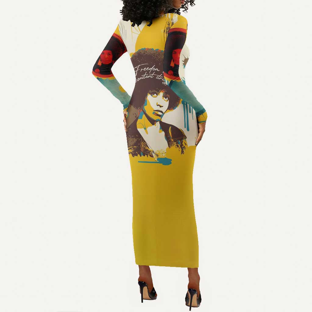 Angela Davis Long Sleeve Bodycon Dress Bold Pop Art Style Freedom Is a Constant Struggle Quote Civil Rights Activist - Wonder Print Shop