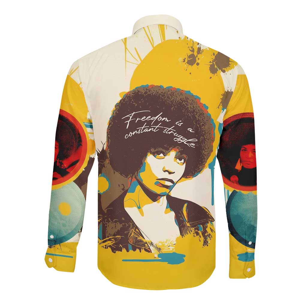 Angela Davis Long Sleeve Button Shirt Bold Pop Art Style Freedom Is a Constant Struggle Quote Civil Rights Activist - Wonder Print Shop