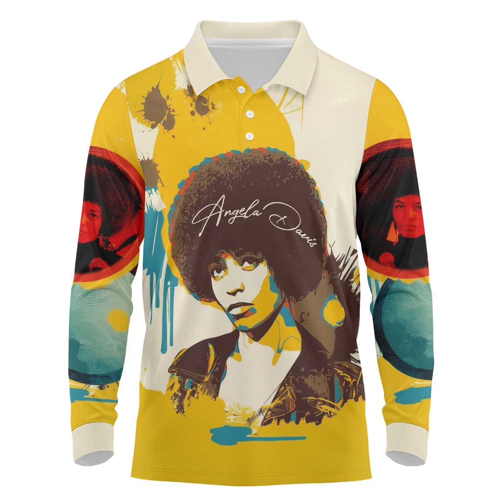 Angela Davis Long Sleeve Polo Shirt Bold Pop Art Style Freedom Is a Constant Struggle Quote Civil Rights Activist - Wonder Print Shop
