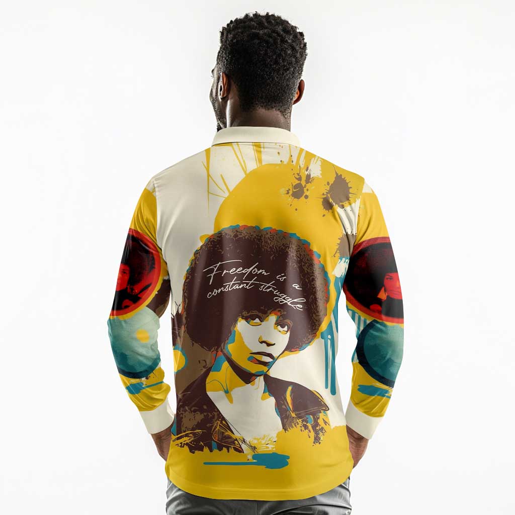 Angela Davis Long Sleeve Polo Shirt Bold Pop Art Style Freedom Is a Constant Struggle Quote Civil Rights Activist - Wonder Print Shop