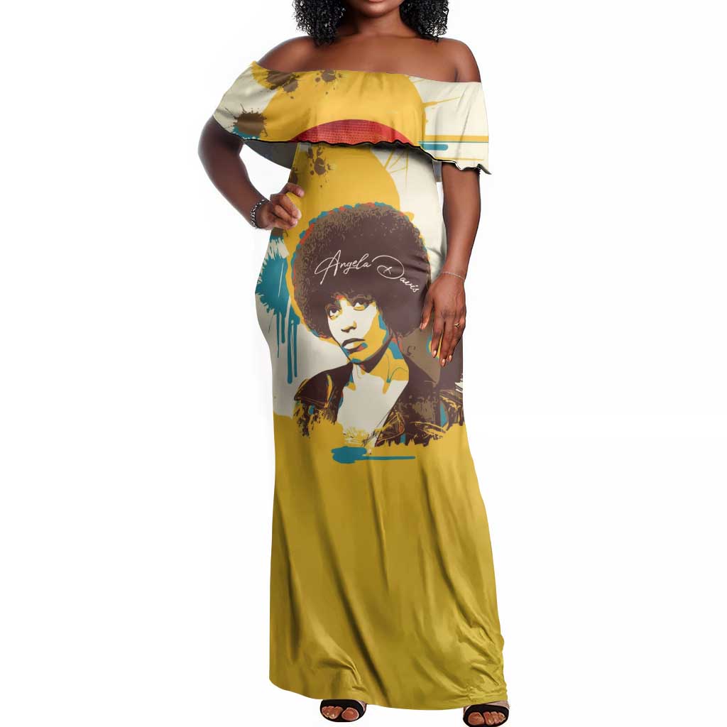 Angela Davis Off Shoulder Maxi Dress Bold Pop Art Style Freedom Is a Constant Struggle Quote Civil Rights Activist - Wonder Print Shop