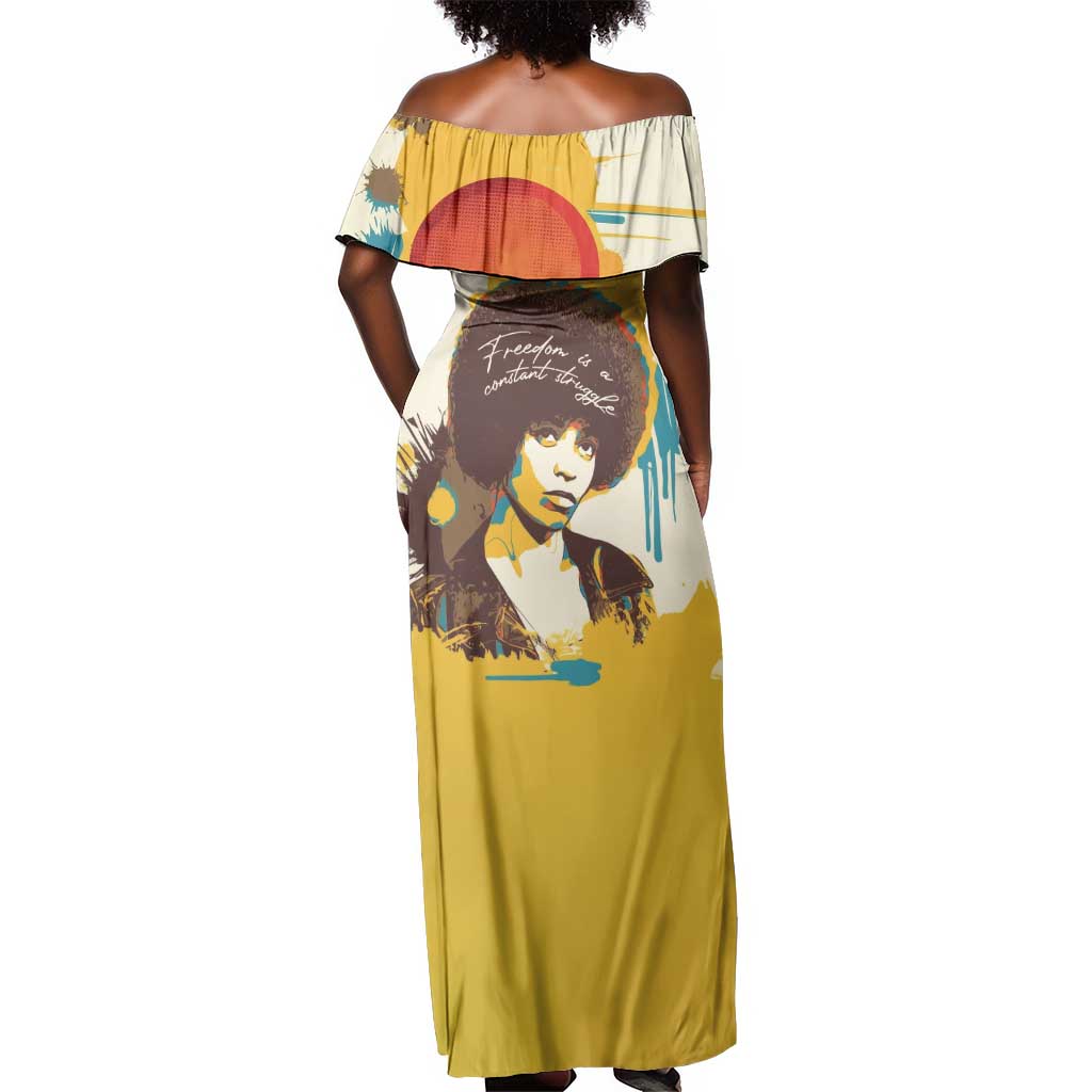 Angela Davis Off Shoulder Maxi Dress Bold Pop Art Style Freedom Is a Constant Struggle Quote Civil Rights Activist - Wonder Print Shop