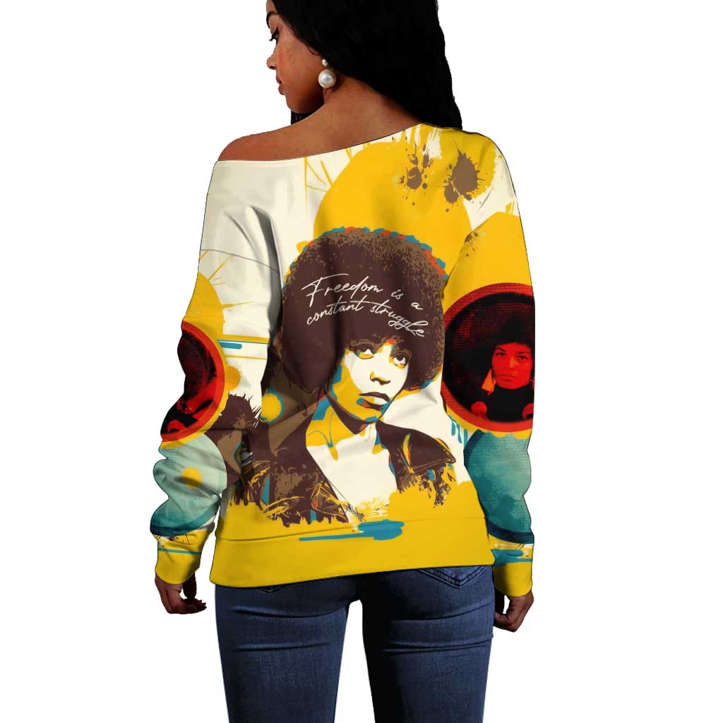 Angela Davis Off Shoulder Sweater Bold Pop Art Style Freedom Is a Constant Struggle Quote Civil Rights Activist - Wonder Print Shop