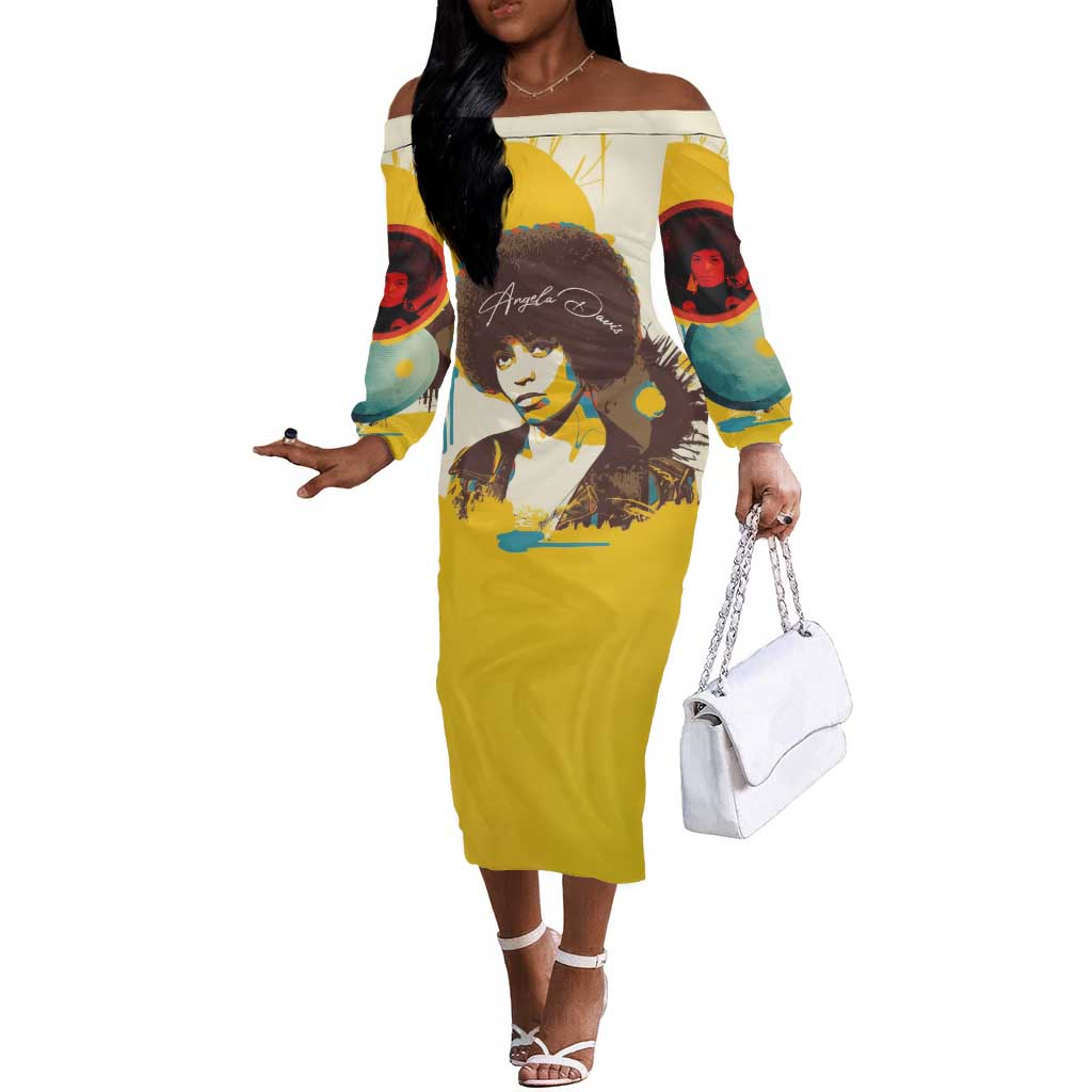Angela Davis Off The Shoulder Long Sleeve Dress Bold Pop Art Style Freedom Is a Constant Struggle Quote Civil Rights Activist - Wonder Print Shop