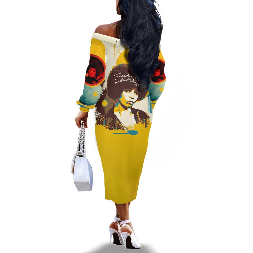 Angela Davis Off The Shoulder Long Sleeve Dress Bold Pop Art Style Freedom Is a Constant Struggle Quote Civil Rights Activist - Wonder Print Shop