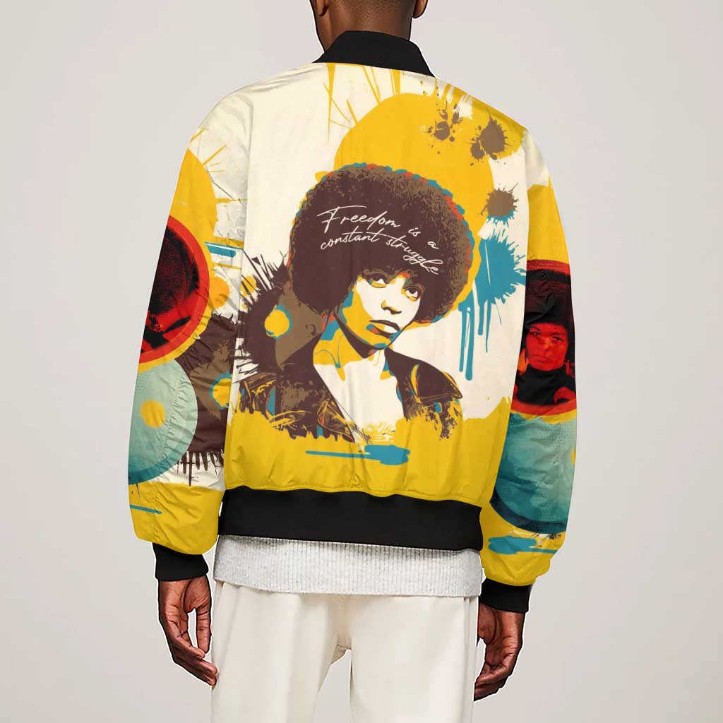 Angela Davis Sleeve Zip Bomber Jacket Bold Pop Art Style Freedom Is a Constant Struggle Quote Civil Rights Activist - Wonder Print Shop