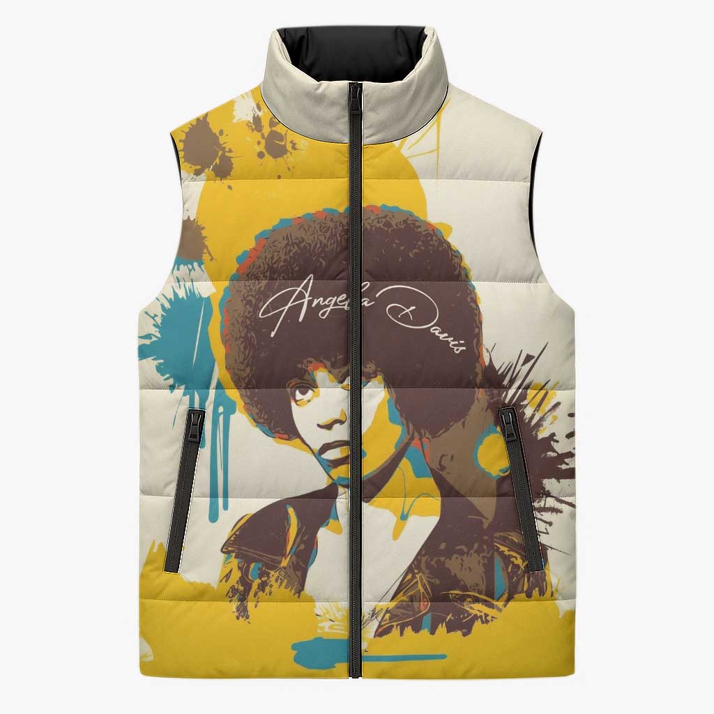 Angela Davis Sleeveless Puffer Jacket Bold Pop Art Style Freedom Is a Constant Struggle Quote Civil Rights Activist - Wonder Print Shop