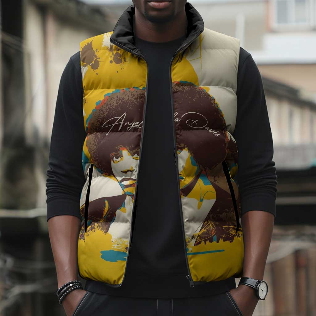 Angela Davis Sleeveless Puffer Jacket Bold Pop Art Style Freedom Is a Constant Struggle Quote Civil Rights Activist - Wonder Print Shop