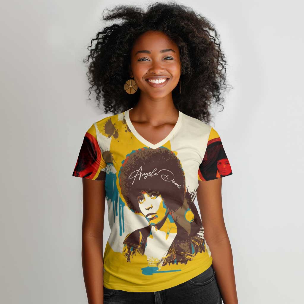 Angela Davis Women V-Neck T-Shirt Bold Pop Art Style Freedom Is a Constant Struggle Quote Civil Rights Activist TS04