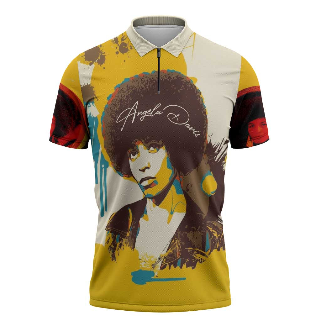 Angela Davis Zipper Polo Shirt Bold Pop Art Style Freedom Is a Constant Struggle Quote Civil Rights Activist - Wonder Print Shop