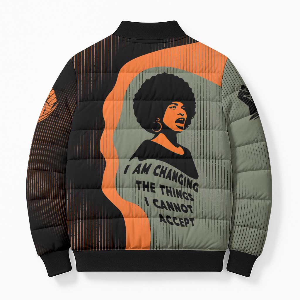 Angela Davis Bomber Puffer Jacket Retro Graphic Design I Am Changing the Things I Cannot Accept Quote Civil Rights Empowerment Tribute - Wonder Print Shop