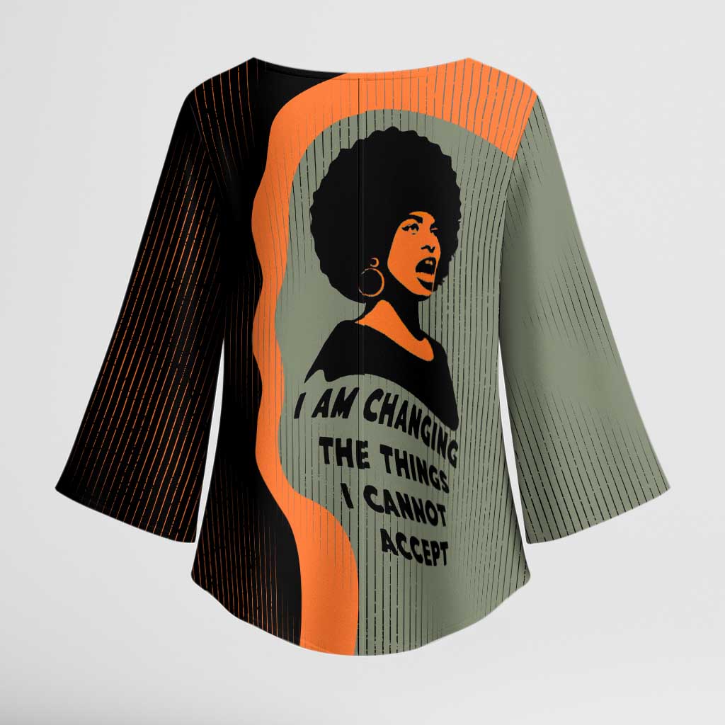 Angela Davis Kimono Sleeve Blouse Retro Graphic Design I Am Changing the Things I Cannot Accept Quote Civil Rights Empowerment Tribute - Wonder Print Shop