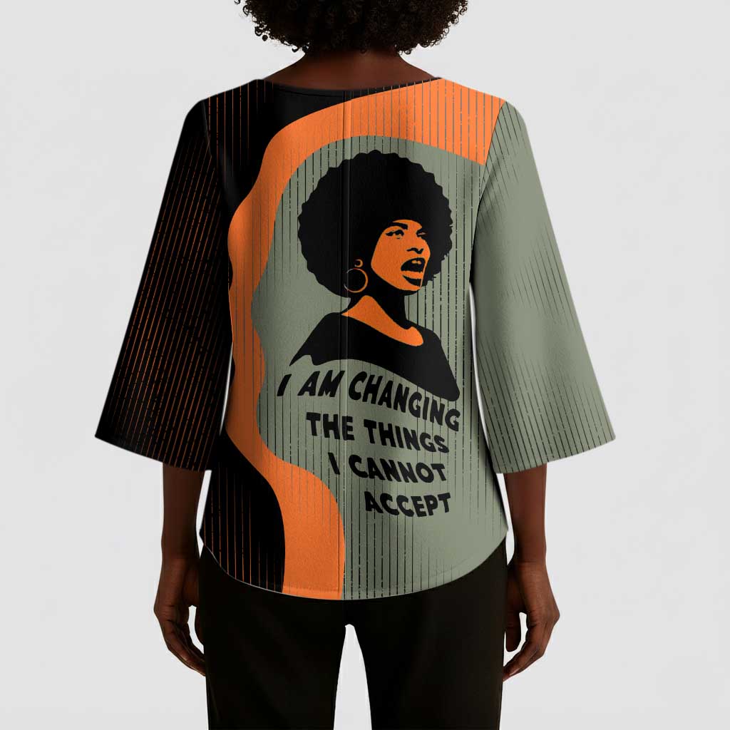 Angela Davis Kimono Sleeve Blouse Retro Graphic Design I Am Changing the Things I Cannot Accept Quote Civil Rights Empowerment Tribute - Wonder Print Shop