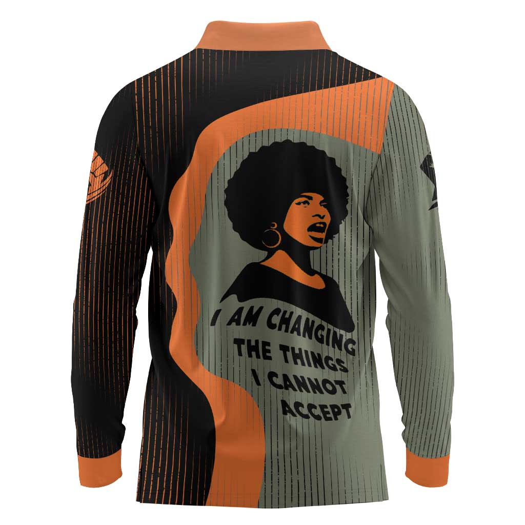 Angela Davis Long Sleeve Polo Shirt Retro Graphic Design I Am Changing the Things I Cannot Accept Quote Civil Rights Empowerment Tribute - Wonder Print Shop