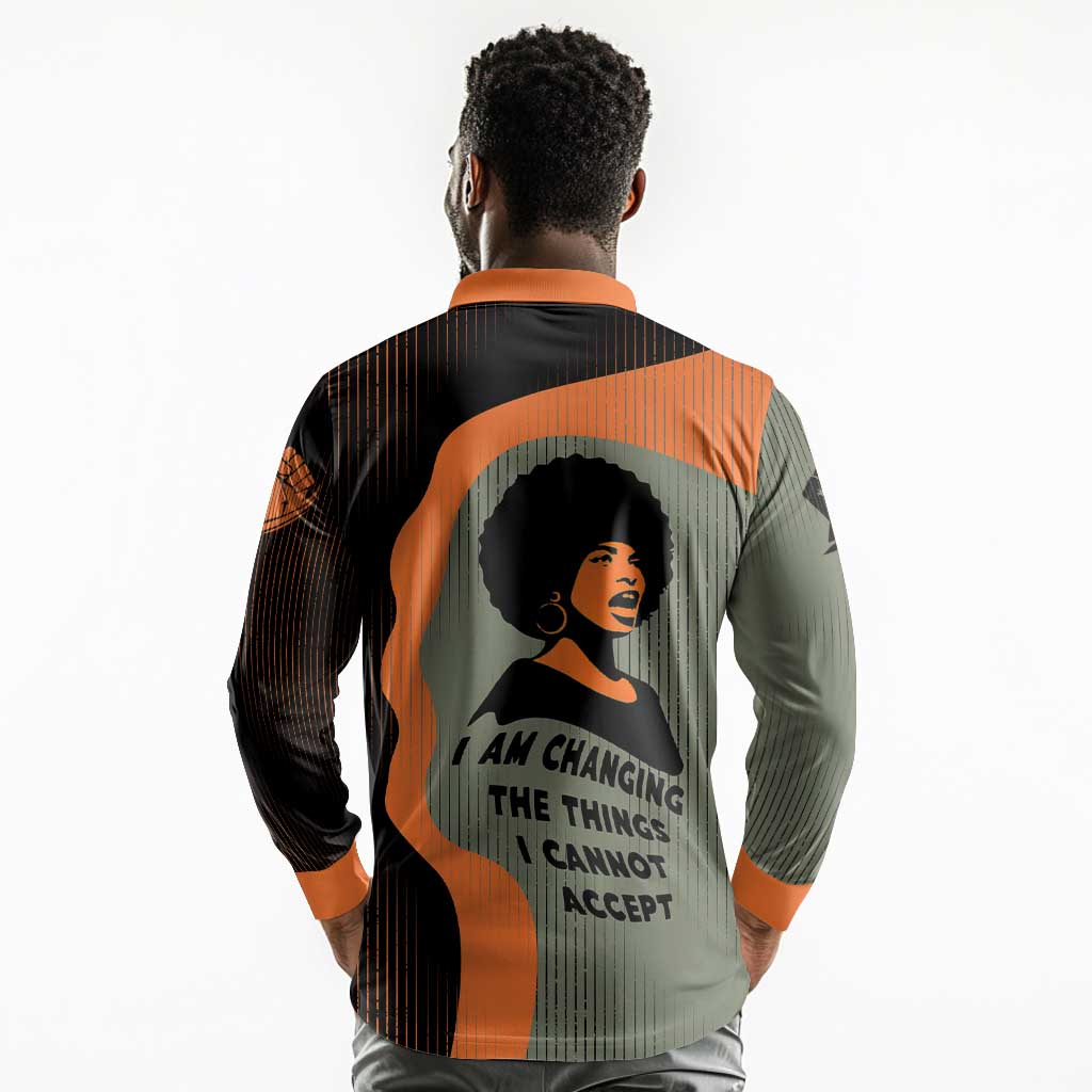 Angela Davis Long Sleeve Polo Shirt Retro Graphic Design I Am Changing the Things I Cannot Accept Quote Civil Rights Empowerment Tribute - Wonder Print Shop
