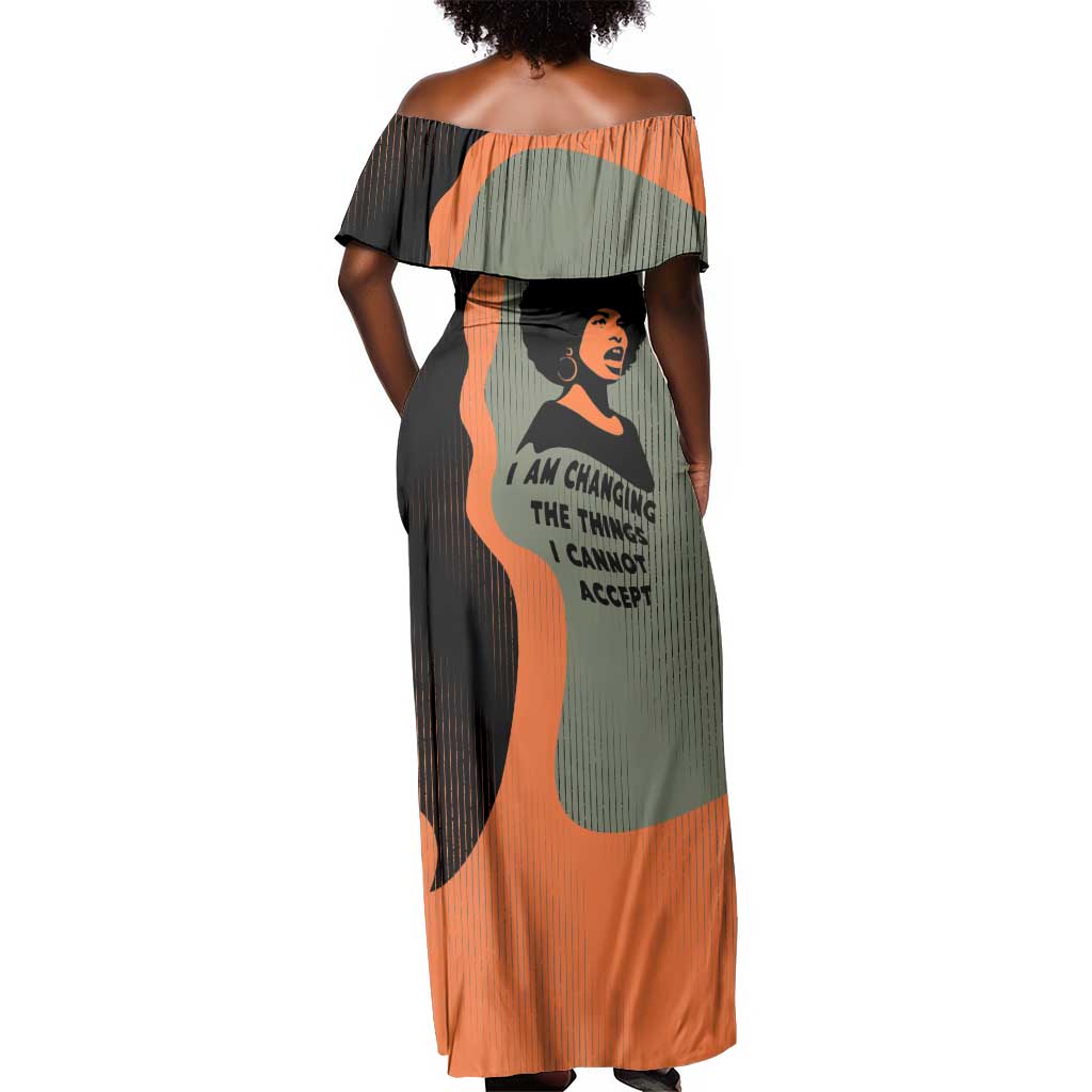 Angela Davis Off Shoulder Maxi Dress Retro Graphic Design I Am Changing the Things I Cannot Accept Quote Civil Rights Empowerment Tribute - Wonder Print Shop