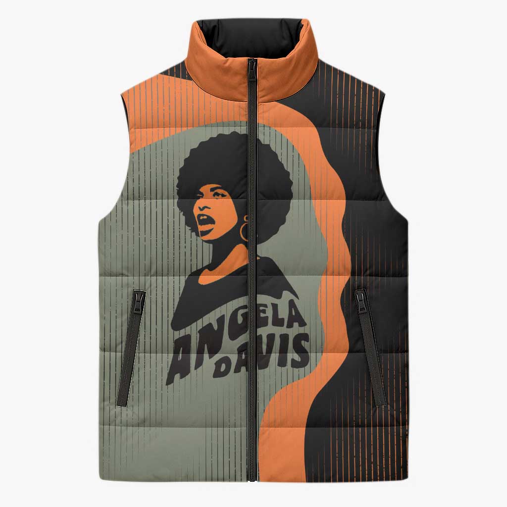 Angela Davis Sleeveless Puffer Jacket Retro Graphic Design I Am Changing the Things I Cannot Accept Quote Civil Rights Empowerment Tribute - Wonder Print Shop