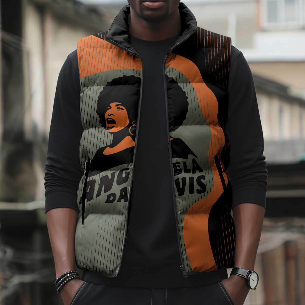 Angela Davis Sleeveless Puffer Jacket Retro Graphic Design I Am Changing the Things I Cannot Accept Quote Civil Rights Empowerment Tribute - Wonder Print Shop