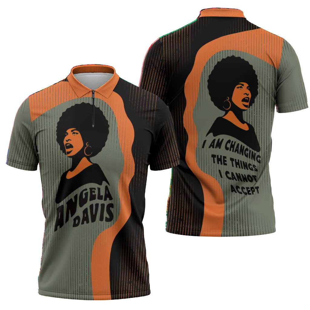 Angela Davis Zipper Polo Shirt Retro Graphic Design I Am Changing the Things I Cannot Accept Quote Civil Rights Empowerment Tribute - Wonder Print Shop