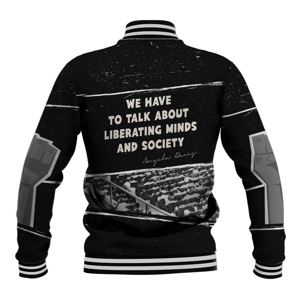 Angela Davis Baseball Jacket Protest Design Liberating Minds and Society Quote Civil Rights Movement - Wonder Print Shop