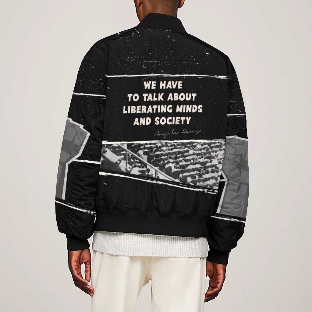 Angela Davis Bomber Jacket Protest Design Liberating Minds and Society Quote Civil Rights Movement - Wonder Print Shop