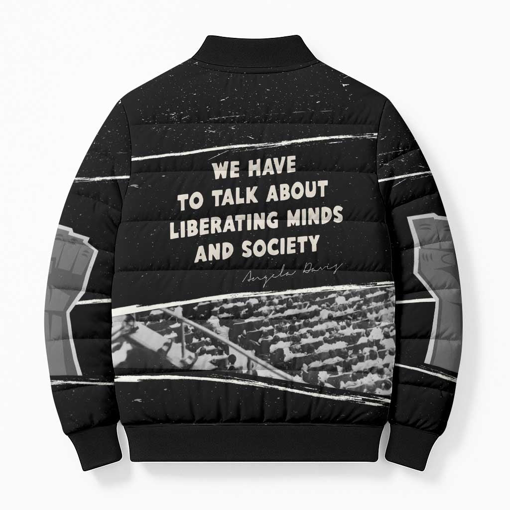 Angela Davis Bomber Puffer Jacket Protest Design Liberating Minds and Society Quote Civil Rights Movement - Wonder Print Shop