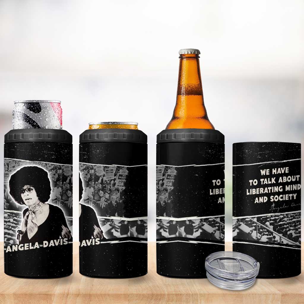 Angela Davis 4 in 1 Can Cooler Tumbler Protest Design Liberating Minds and Society Quote Civil Rights Movement - Wonder Print Shop