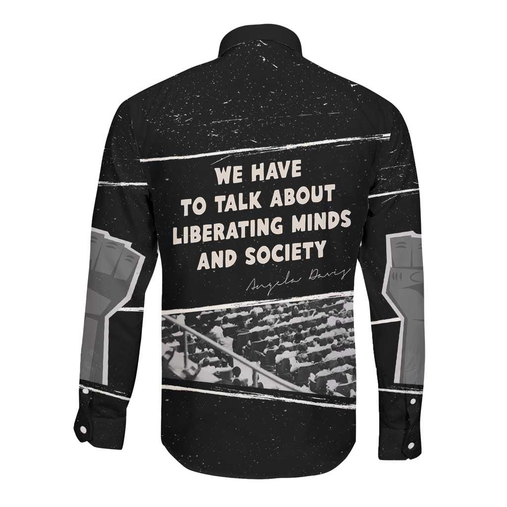 Angela Davis Long Sleeve Button Shirt Protest Design Liberating Minds and Society Quote Civil Rights Movement - Wonder Print Shop