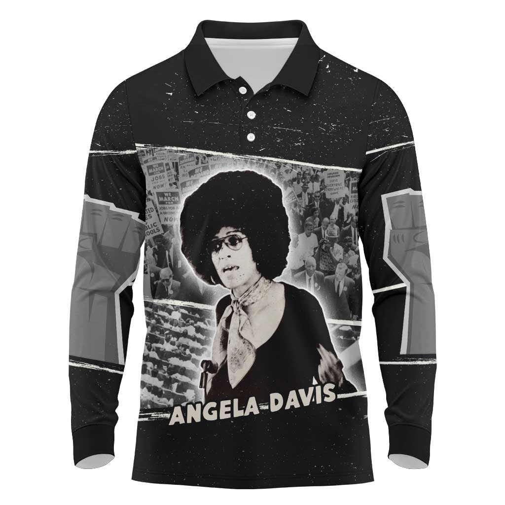Angela Davis Long Sleeve Polo Shirt Protest Design Liberating Minds and Society Quote Civil Rights Movement - Wonder Print Shop