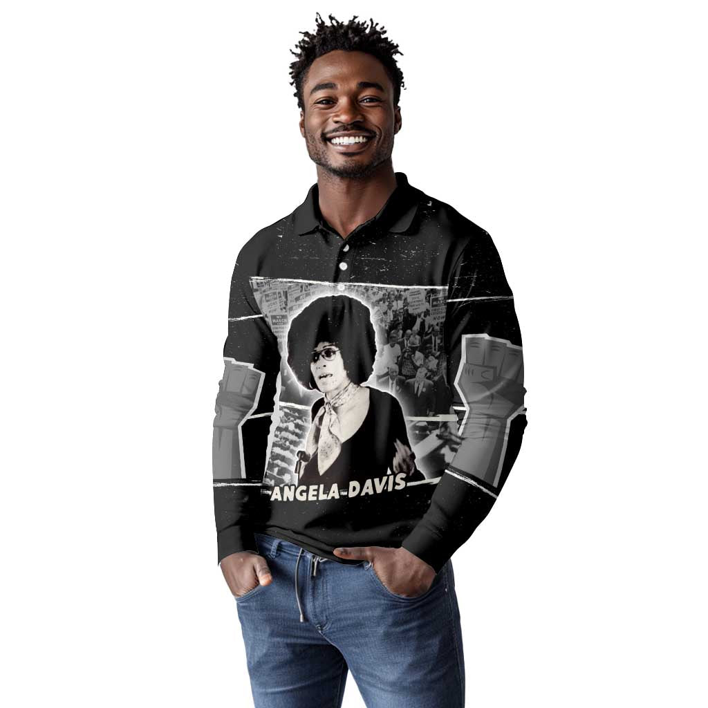 Angela Davis Long Sleeve Polo Shirt Protest Design Liberating Minds and Society Quote Civil Rights Movement - Wonder Print Shop