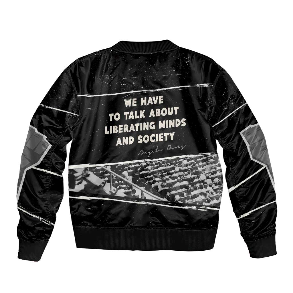 Angela Davis Sleeve Zip Bomber Jacket Protest Design Liberating Minds and Society Quote Civil Rights Movement - Wonder Print Shop